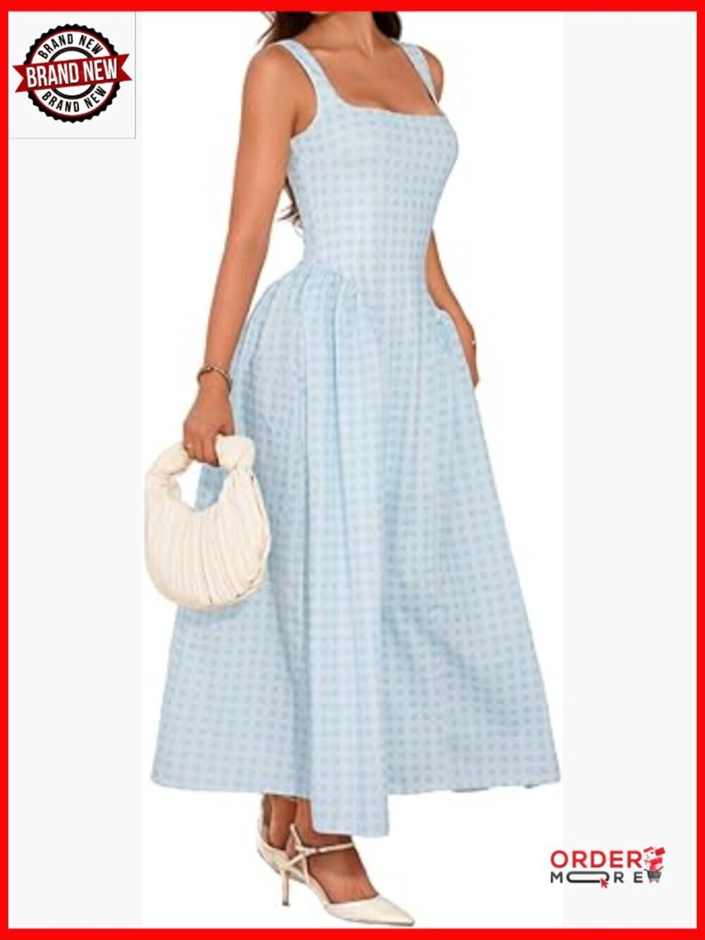 Pastel Plaid Square Neck Maxi Dress A-Line Drop Waist Sleeveless Semi Formal